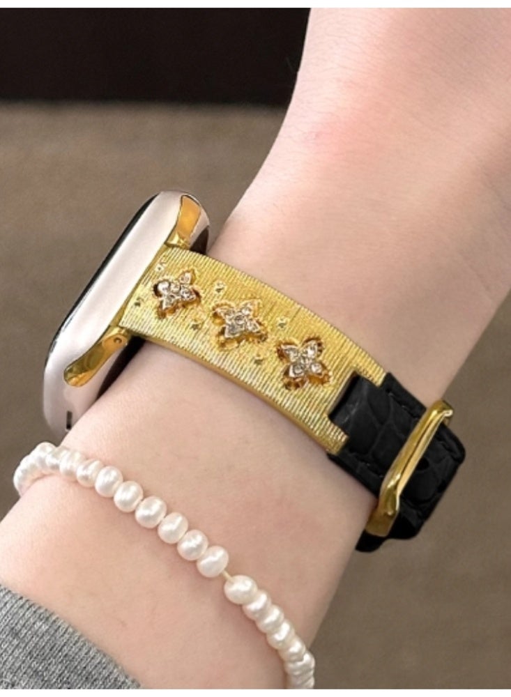 Bracelet Leather Strap iWatch Replacement Strap Fine Design Black (Round Crocodile Pattern) - Gold Buckle Suitable For Iwatch S10-42mm Generation - Image 2